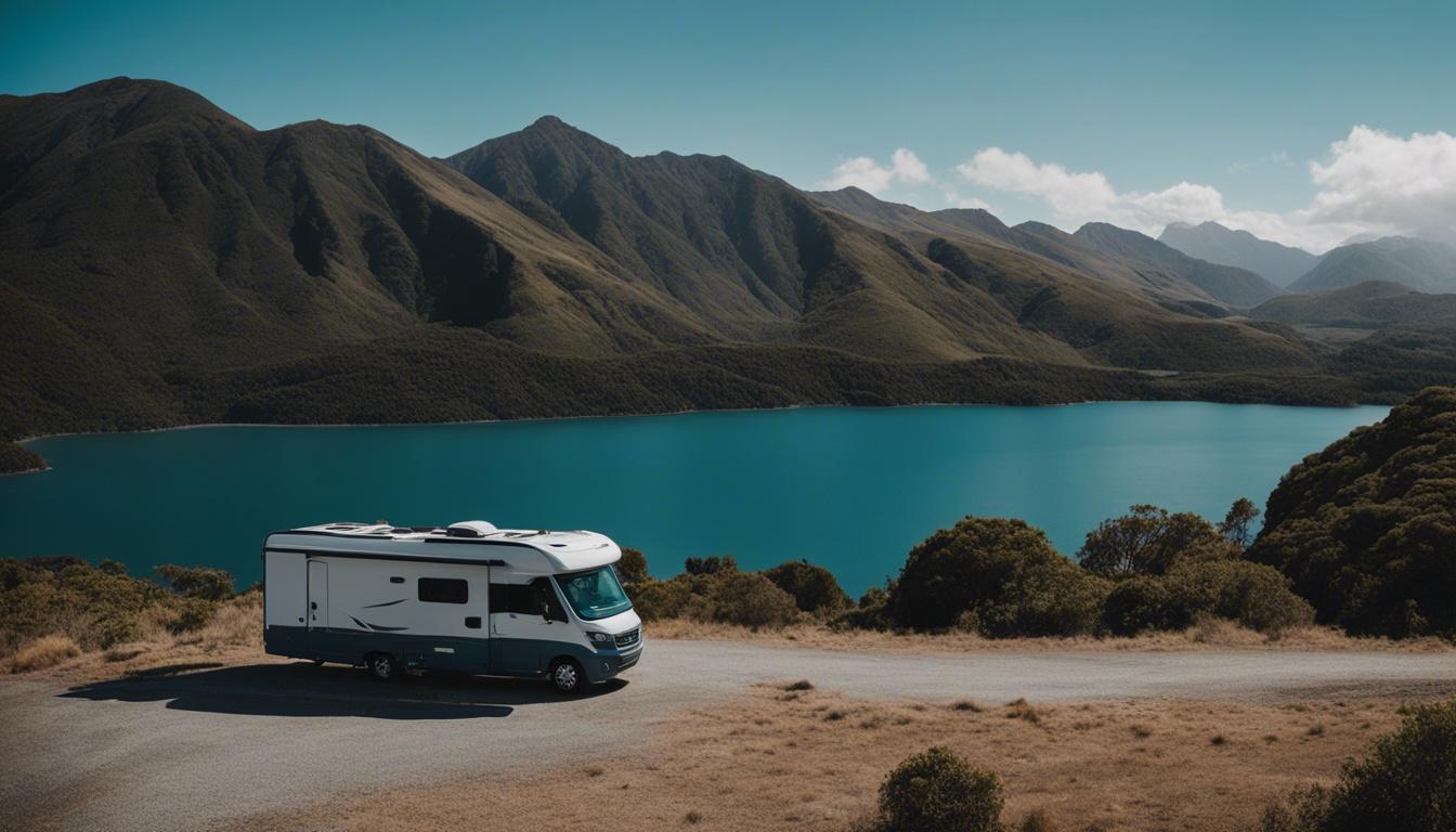 Motorhome with solar panels parked by a New Zealand lake